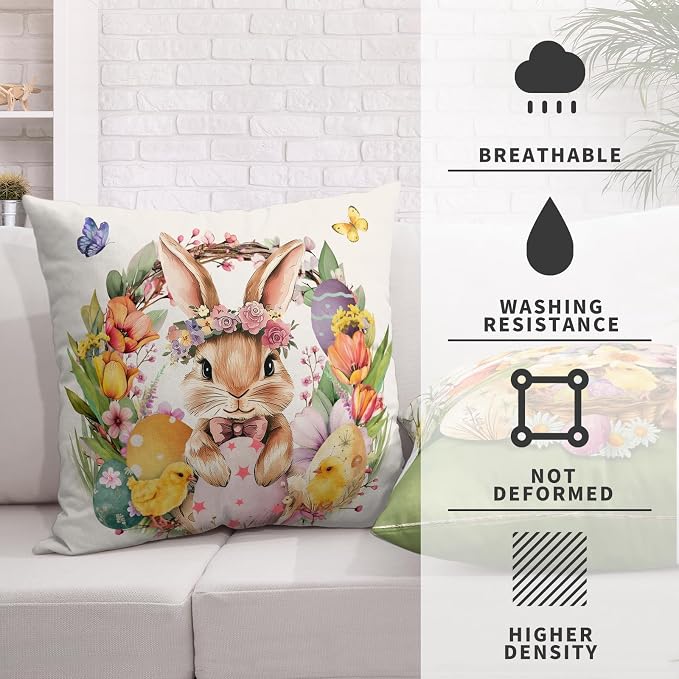 Easter Throw Pillow Covers Spring Floral Wreath Bunny Throw Pillow Covers 16x16 Set of 2 Rabbit with Tulip Flower Pillow Cases Colorful Easter Eggs Cushion Cases for Couch Sofa