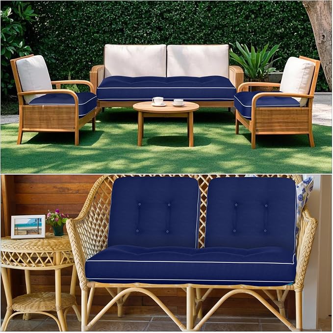 Wenqik 42 x 17 x 3.7 Inch Outdoor Bench Cushion Set of 3 Waterproof Tufted 1 Patio Loveseat Cushions and 2 Square Chair Seat Pad for Outdoor Furniture Couch Swing Sofa Wicker Settee(Navy Blue)