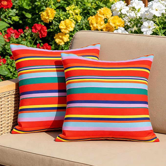 Eternal Beauty 20X20'' Set of 2 Outdoor Decorative Pillow Covers Waterproof Outdoor Pillow Covers for Spring Summer Patio Throw Pillows, Red Stripe, 20X20 inches