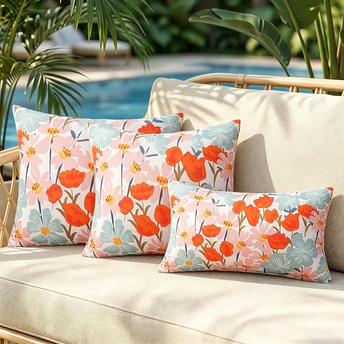 Pyonic Floral Outdoor Lumbar Pillows Covers 12x20 inch Waterproof Spring Summer Decor Outdoor Pillows for Patio Furnture Garden Bench Porch