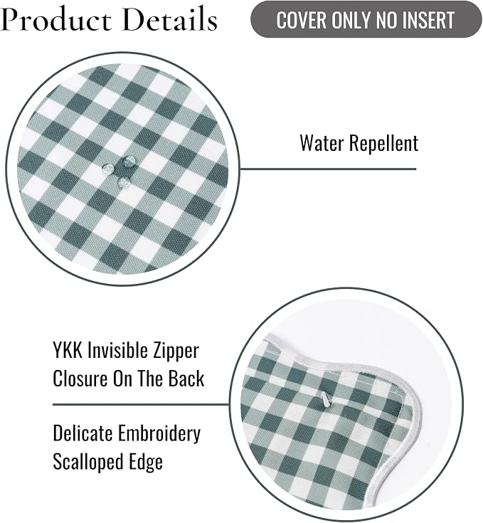 Hofdeco Premium Coastal Grandmillennial Scalloped Patio Indoor Outdoor Lumbar Pillow Cover Only, 12"x20" Water Repellent for Backyard, Couch, Poolside, Forest Green Print Gingham
