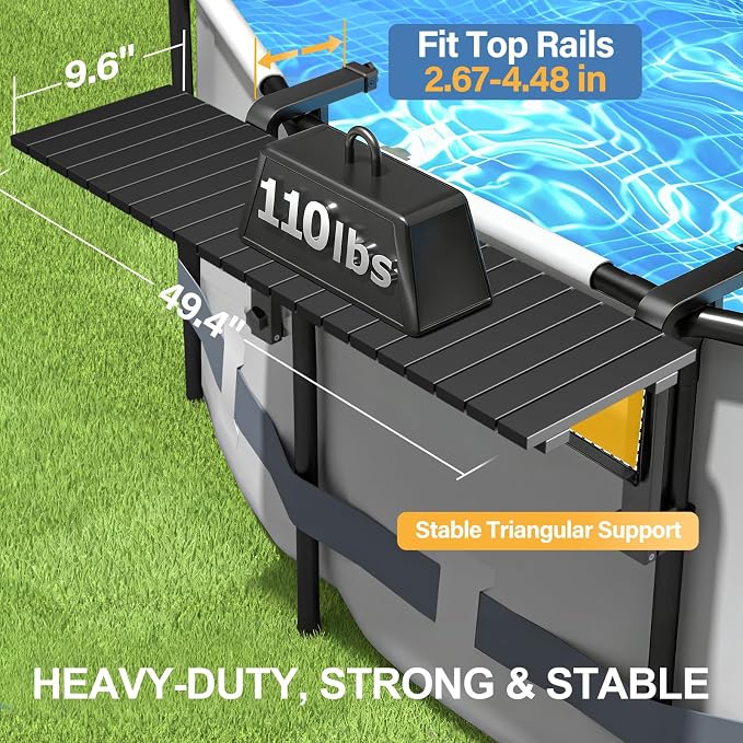 Swim Up Bar Table for Above Ground Pools - 49.4"×9.6" Galvanized Iron Black Pool Shelf, Holds 110lbs, Fits Top Rails of 4.48" or Less, for Round/Oval/Frame Swimming Pools