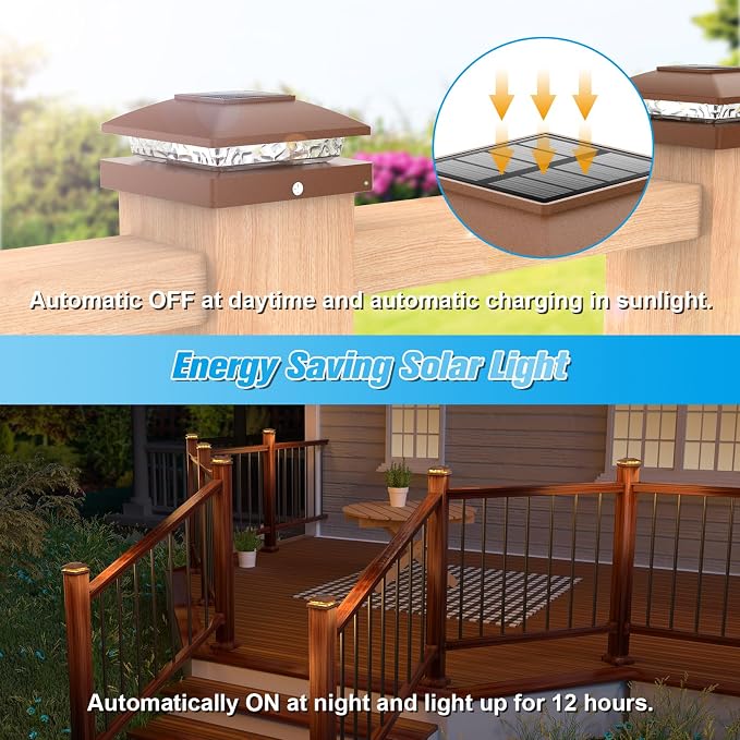 VOLISUN 4x4 Solar Post Cap Light 12pack,Solar Fence - Post Lights Brown Outdoor Waterproof for Wooden/Vinyl Post, with Warm White for Deck