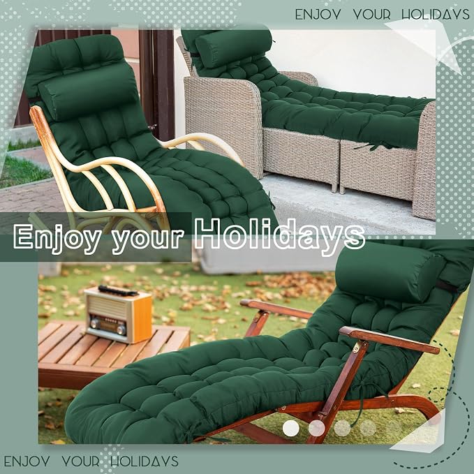 Tudomro Outdoor Chaise Lounge Cushion 66x21x4'' Waterproof & Fade-Resistant Patio Pool Chaise Lounge Cushion Headrest Pillow Tie Replacement Rocking High Back Chair(Hunter Green,Set of 2)