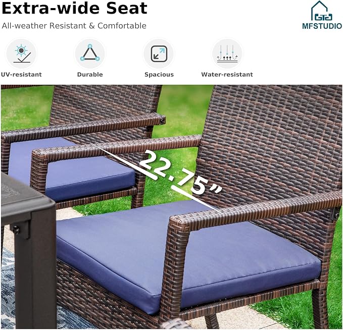 MFSTUDIO 9 Pieces Outdoor Dining Set for 8, 57" Square Table & Wicker Chairs with Cushions, Durable Patio Dining Furniture Set for Deck, Large E-Coated Metal Dining Table for 8