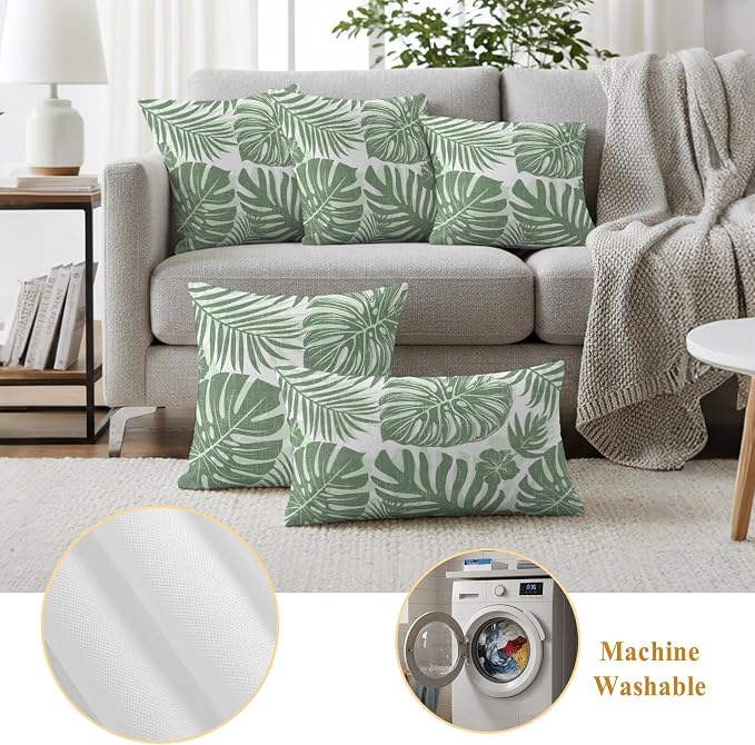 Green Palm Leaves Outdoor Pillow Covers 26"x26" Set of 2, Tropical Botanical Minimalist Modern Waterproof Throw Pillow Covers for Patio Furniture, Decorative Cushion Covers for Porch