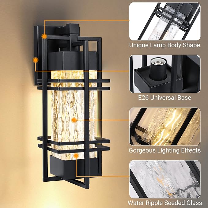 15" Outdoor Porch Light Fixtures Wall Mount, Modern Lantern Lamp,Black | Water Ripple Glass, Rustproof Metal Frame, Waterproof,E26 Base, T30 Bulbs Included, Wall Lantern for Porch, Garage