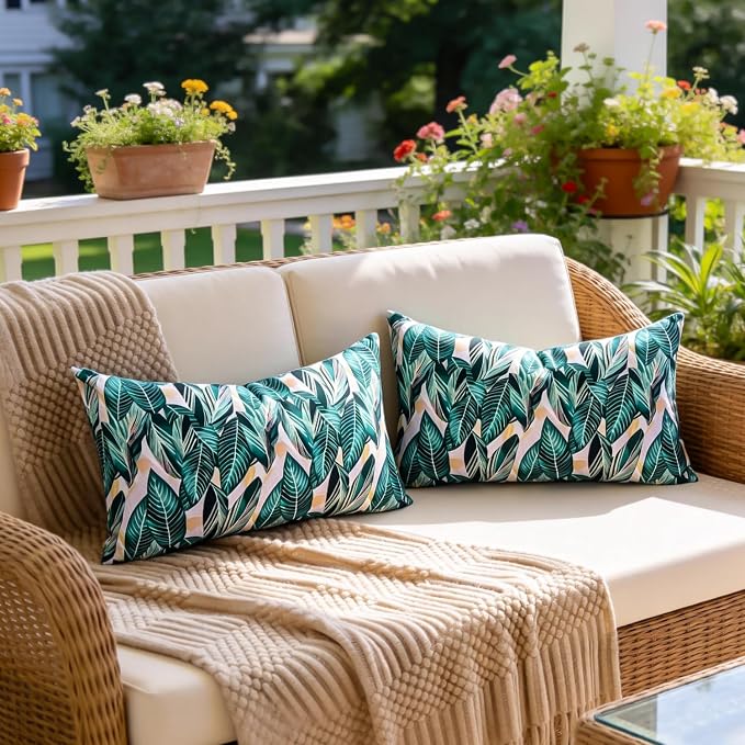 Decorative Waterproof Lumbar Pillow Covers Green Tropical Leaf Outdoor Throw Pillow Covers Summer Accent Couch Covers Garden Cushion Cases 12x20 Set of 2 for Patio Tent Bench Balcony Furniture Sofa
