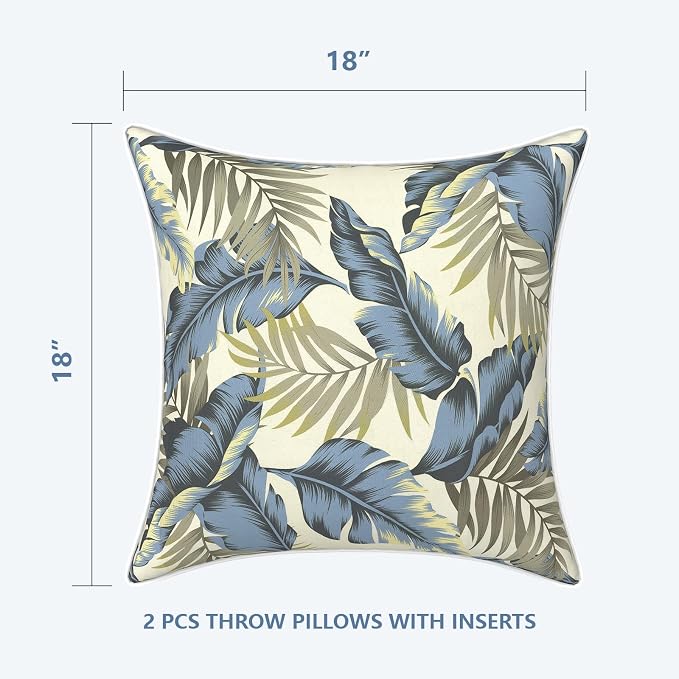 LVTXIII Outdoor Throw Pillows 18x18 Patio Waterproof Square Pillows with Piping Fade Resistant Accent Pillow for Spring Summer Garden Decoration, Set of 2, ‌Lush Palm Blue