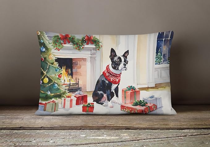 Caroline's Treasures DAC2618PW1216 Boston Terrier Cozy Christmas Throw Pillow Machine Washable, Indoor Outdoor Decorative Pillow for Couch, Bed or Patio, 12HX16W
