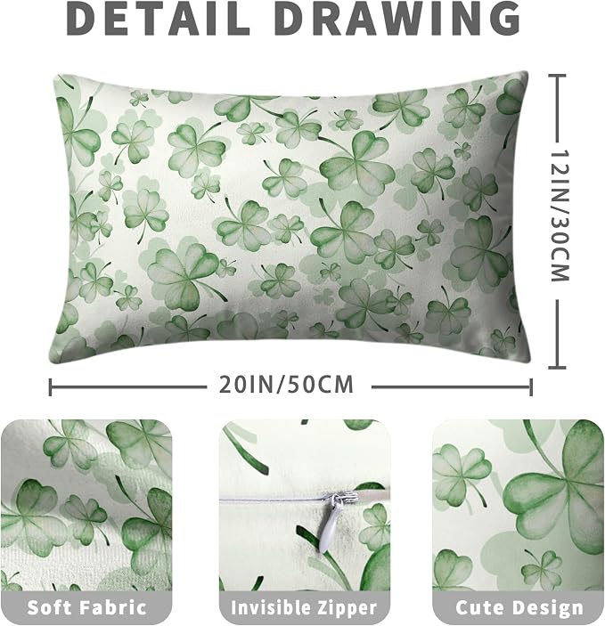 Spring Summer Green Flower Clover Lumbar Pillow Cases St Patricks Pillow Covers 12x20 Set of 2 Lucky Charm Throw Pillow Covers St Patricks Home Decor for Couch Bed Sofa