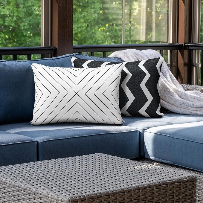 Juexica 2 Pack Chaise Lounge Pillow with Strap Outdoor Waterproof Beach Chair Neck Headrest Pillow Adjustable Elastic Band for Hammock Lumbar Recliner Pillows for Patio Pool Chair(Classic Black White)