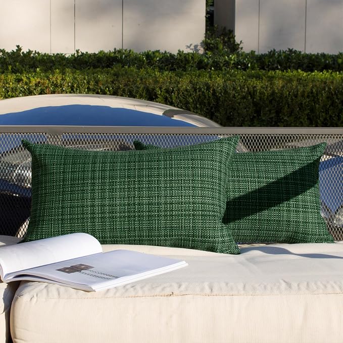 Kevin Textile Outdoor Waterproof 12"x20" Pillow Covers 2 Pack, Army Green | Water Resistant, Faux Linen Yarn-dyed, Woven Texture Throw Pillow Covers for Tent Patio Garden Couch Sofa