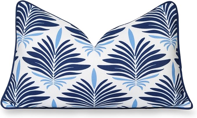 Hofdeco Premium Coastal Hampton Patio Indoor Outdoor Lumbar Pillow Cover Only, 12"x20" Water Repellent for Backyard, Couch, Poolside, Navy Blue Print Abstract Plam Leaves