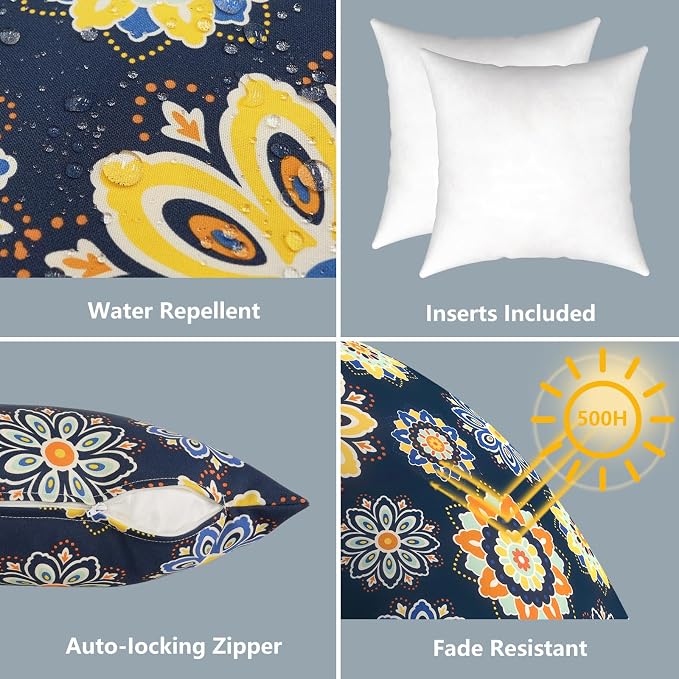 LVTXIII 2 Pack Outdoor Pillows 18x18 Inch, Square Throw Pillows with Inserts, Decorative Water-Repellent Pillow Cushions for Patio Furniture and Garden Sofa, Bloom Cobalt