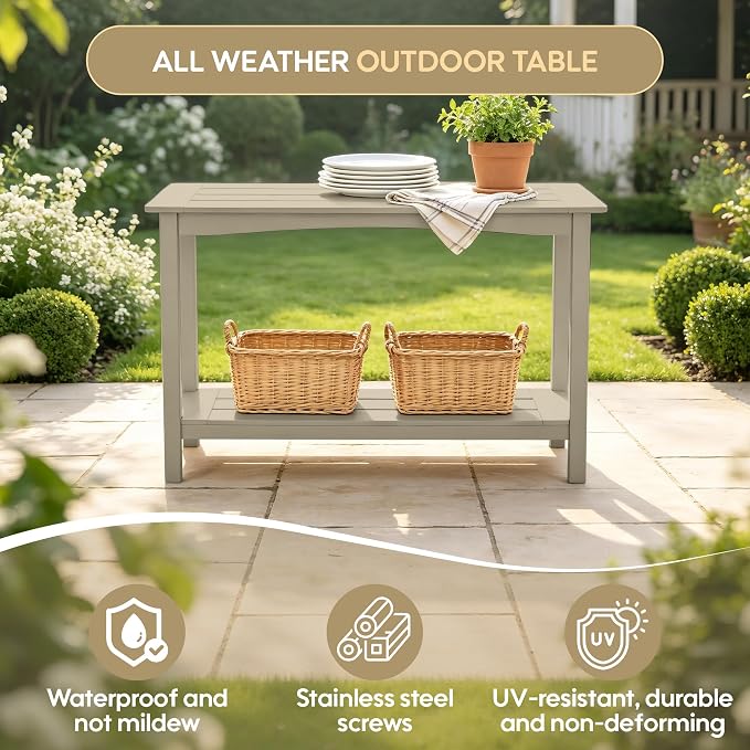 Weatherproof HIPS Outdoor Console Table, 48'' 2-Shelf Side Table Indoor/Outdoor Use, Multifunctional Buffet Table Bar Storage Organizer for Entryway, Patio, Outside Plant Stand Table, Champagne
