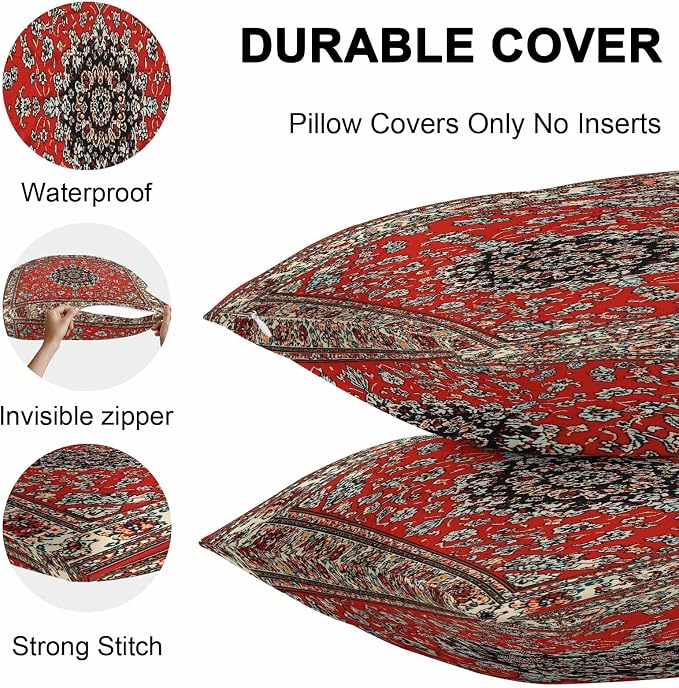 Vandarllin Outdoor Throw Pillows Covers 16x16 inch Set of 2 Waterproof Red Bohemian Decorative Zippered Cushion Covers for Patio Furniture, Boho Tribe Texture Lumbar Pillowcases