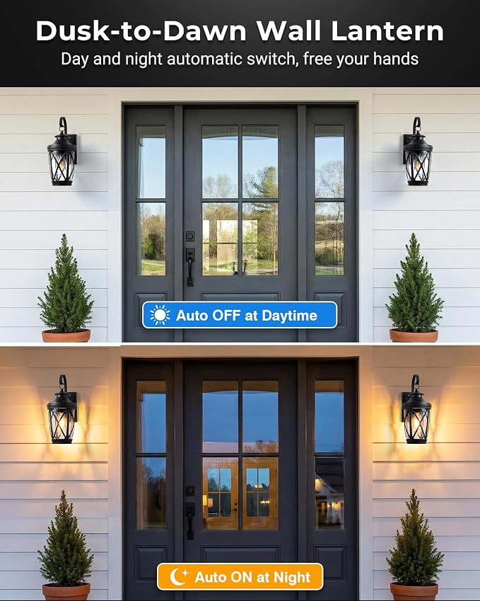 VIANIS Porch Lights Outdoor, Black Dusk to Dawn Outdoor Lighting Wall Mount, Modern Exterior Lighting Fixtures with Seeded Glass, Anti-Rust Waterproof Exterior Wall Lantern for Garage with E26 Socket