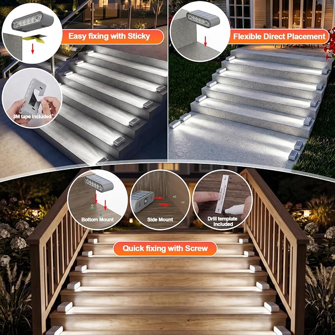 Solar Step Lights for Outside, 12-Pack Stair Light Outdoor Waterproof IP67, 14 LED Cool White Light Solar Powered Lighting for Steps, Stairs, Deck, Patio, Walkway, Front Porch Decor