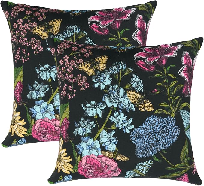 FUNHOME Outdoor Throw Pillows 18x18 inch,Decorative Throw Pillow with Insert Set of 2,Water Resistant Pillow for Patio Furniture Sofa Couch Chair(Butterfly Flower Black)