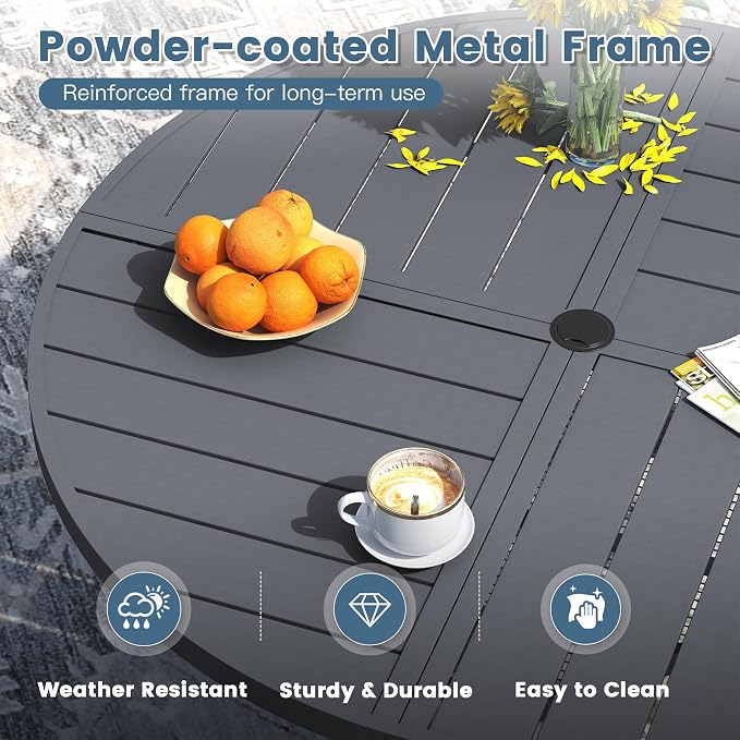 DIFY 9 Piece Outdoor Dining Set, 53" Round Metal Dining Table and Textilene Stackable Patio Chairs, Patio Table and Chairs Set for 8 with Umbrella Hole for Backyard Garden Deck, Grey