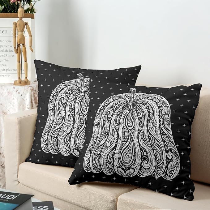 Black Pumpkin Pillow Covers Autumn Thanksgiving Throw Pillow Covers 20x20 Set of 2 Abstract Fall Pillow Cases Paisley Flower Cushion Cases for Home Farmhouse Sofa Couch