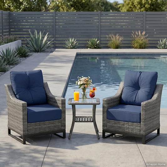 3 Pack Patio Furniture Set with 6" Thick Cushions, Dienspeak Rattan Wicker Patio Set with Two Outdoor Chairs and Table, High Back Rattan Chair with Comfy Cushions for for Porch, Garden Poolside Balcon