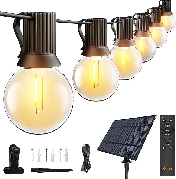 Ollny 60FT Solar Lights Outdoor, Waterproof Remote Control Dimmable Timers 3Modes String Light with 25 LED + 2 Spare Shatterproof Bulb, G40 Patio Lights for Outside Garden Yard Fence Porch