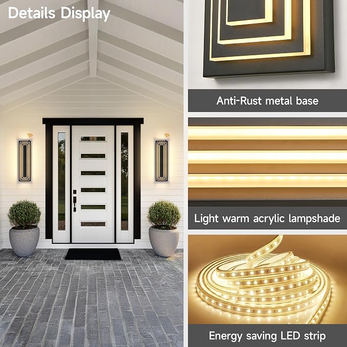 Dusk to Dawn LED Long Outdoor Wall Light Fixtures,23.6 in,36W | 3-Tier Black Modern Outdoor Lighting For House,Front Porch,Waterproof Outside Garage Light,3000K Warm White, 1 Pack