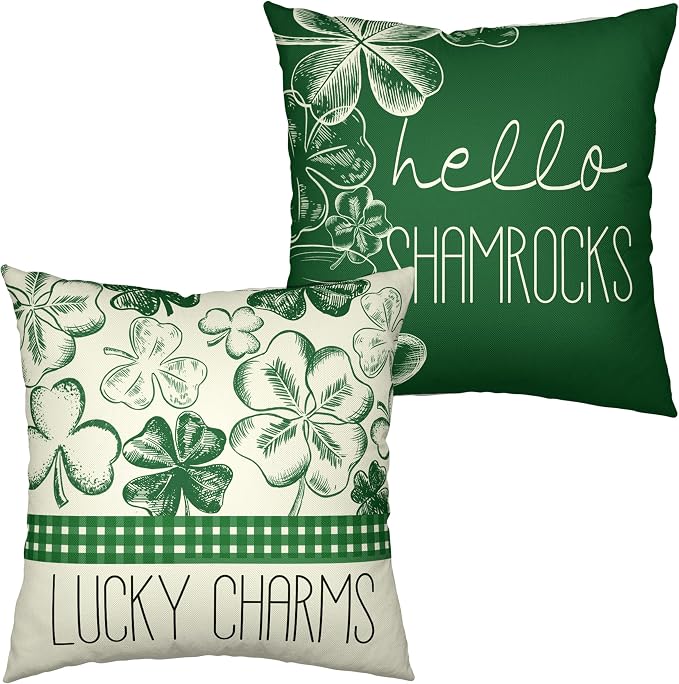 St Patricks Day Hello Shamrocks Pillow Covers 20x20 Green Lucky Charm Cushion Case Clover Hat Cotton Linen Pillowcase for Living Room March Holiday Decor Set of 2