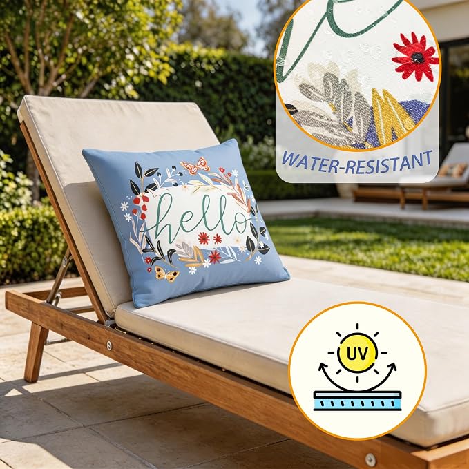 18" Outdoor Throw Pillows Set of 4, Waterproof & Fade Resistant Patio Furniture Pillows with Built-in Inserts, All-in-One Blue Hello Print Design for Sofa, Patio or Backyard Relaxation