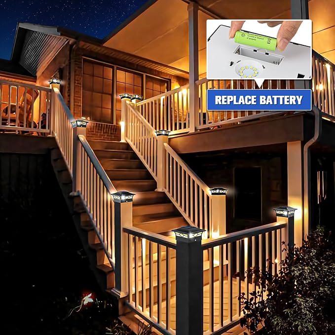 VOLISUN Solar Post Cap Lights: 12 - Pack Outdoor Deck Post Cap Lights Black for Dock Fence Waterproof 2 Color Modes,4x4/6x6 Wooden/Vinyl Posts