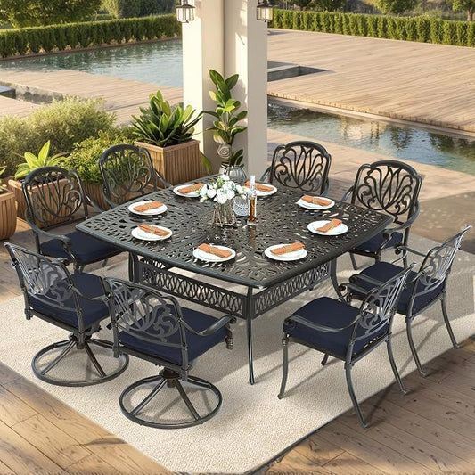 VIVIJASON 9-Piece Outdoor Furniture Dining Set, Cast Aluminum Patio Table and Chairs Set with 6 Stationary Chairs, 2 Swivel Rocker Chairs, 64" Large Square Dining Table, Umbrella Hole, Navy Blue