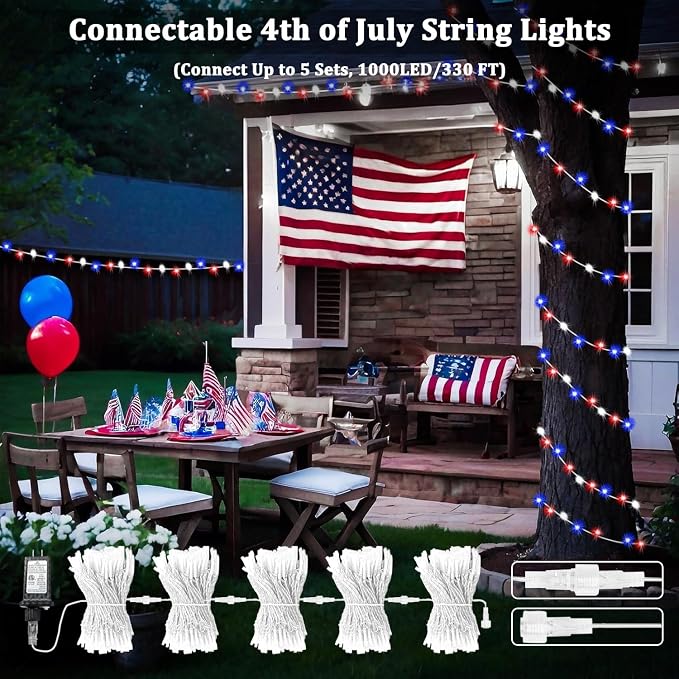 200 LED Connectable String Lights, 66FT American Flag Lights Outdoor Indoor | Red Blue and White, 13 Modes, Timer, Clear Wire Waterproof Twinkle Fairy Lights Plug in for 4th of July, Memorial Day Decor