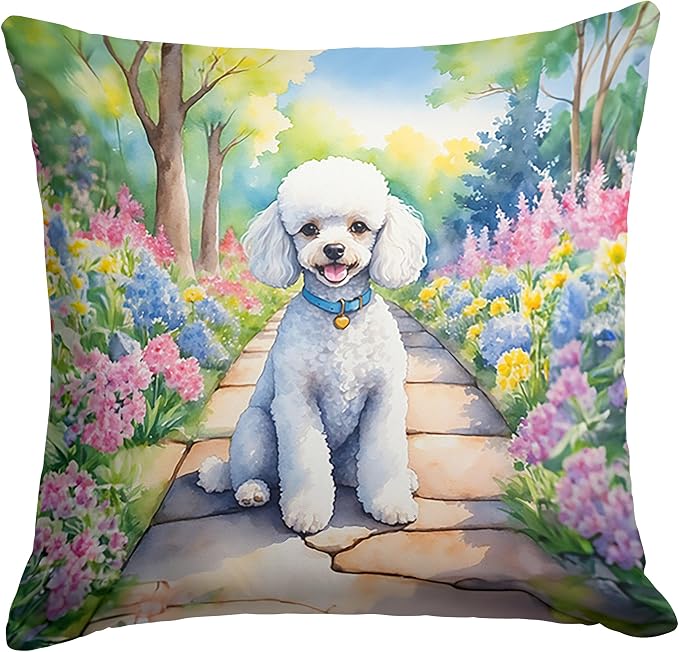 Caroline's Treasures White Poodle Spring Path Throw Pillow Machine Washable, Indoor Outdoor Decorative Pillow for Couch, Bed or Patio, 14Hx14W