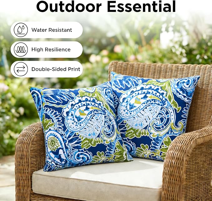 JMGBird Outdoor Throw Pillow Green Outdoor Pillows with Inserts Included | Water-Resistant Outdoor Pillows Set of 2, 18x18 inch Durable Green Paisley Pattern Throw Pillows with Inserts