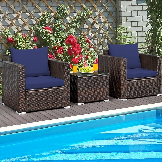 HAPPYGRILL 3-Piece Patio Furniture Set PE Rattan Wicker Sofa Set with Cushions and Coffee Table Outdoor Patio Conversation Set for Garden Poolside Balcony