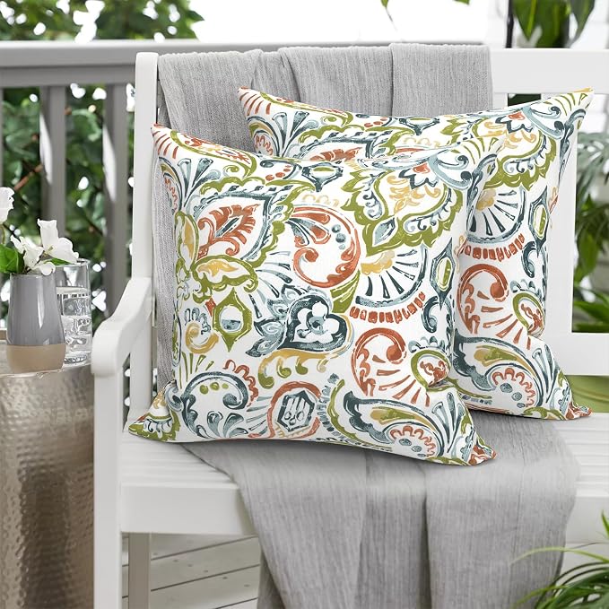 20x20 Inch Pack of 2 Patio Throw Pillow Covers ONLY, Water Repellent Cushion Cases, Square Pillowcases for Outdoor Couch Decoration, Paisley Botanical