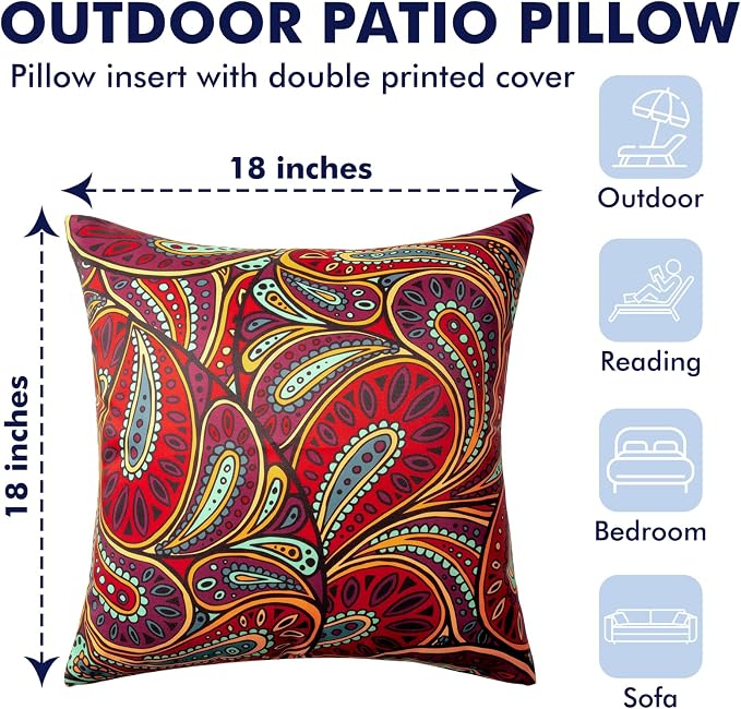 2 Pack Waterproof Outdoor Pillows, 18x18 Outdoor Throw Pillows | Patio Furniture Pillows, Fluffy Decorative Pillows, Waterproof &Fade Resistant, Removable & Washable, Paisley Dark Red