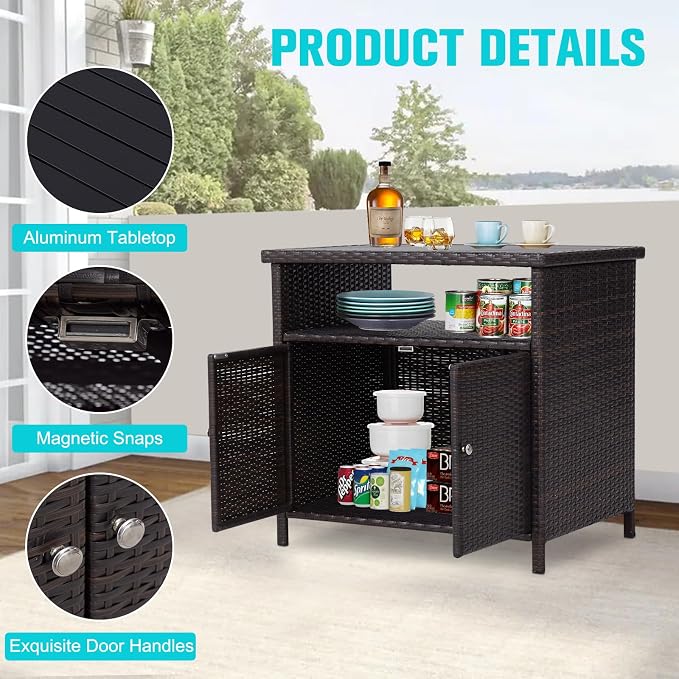 Wicker Outdoor Bar Table with Aluminum Tabletop - Outdoor Storage Cabinet Weather-Proof Rattan Bar Counter Table with Two Doors for Outdoor Cushions, Pool Toys and Garden Tools