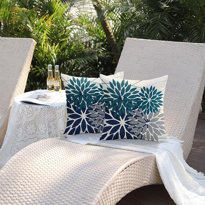 DFXSZ Pack of 2 Outdoor Waterproof Throw Pillow Covers 18x18 Dark Blue Grey | Polyester Colorful Spring Summer Floral Decorative Cushion Cases(NO INSERT),For Couch Patio Funiture Garden Home Decor