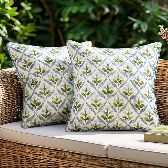 MIULEE Outdoor Floral Pillow Covers Waterproof 16x16 Blue-Green | Decorative Block Print,Boho Farmhouse, Set of 2 Coastal Summer Cushion Covers with Piping,Garden Patio Furniture Porch Couch