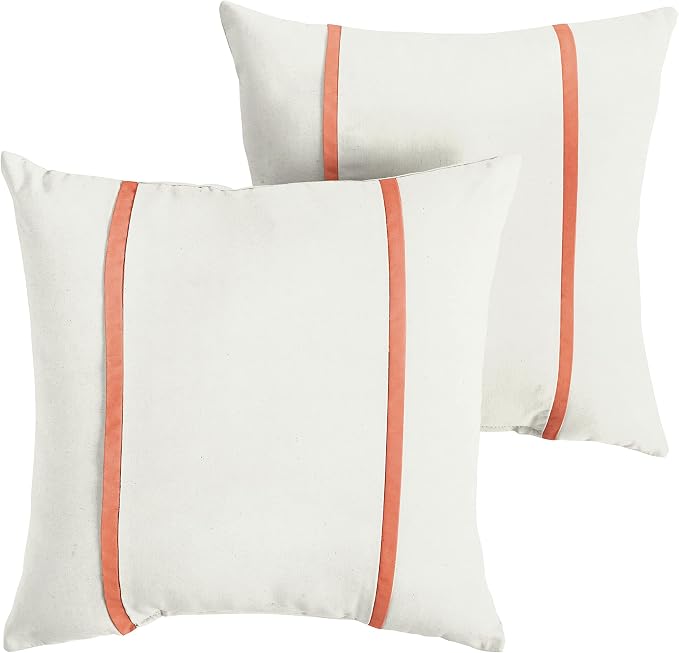 Sorra Home x Sunbrella - Indoor/Outdoor Square Pillows (Set of 2), Canvas Natural Ivory & Melon Coral