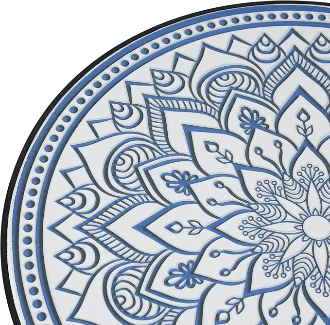IRONORA Mosaic Tile Round Side Table, Blue White Mandala Patio End Table, Curved Black Metal Frame Weather Resistant Accent Table for Balcony Backyard Porch Living Room
