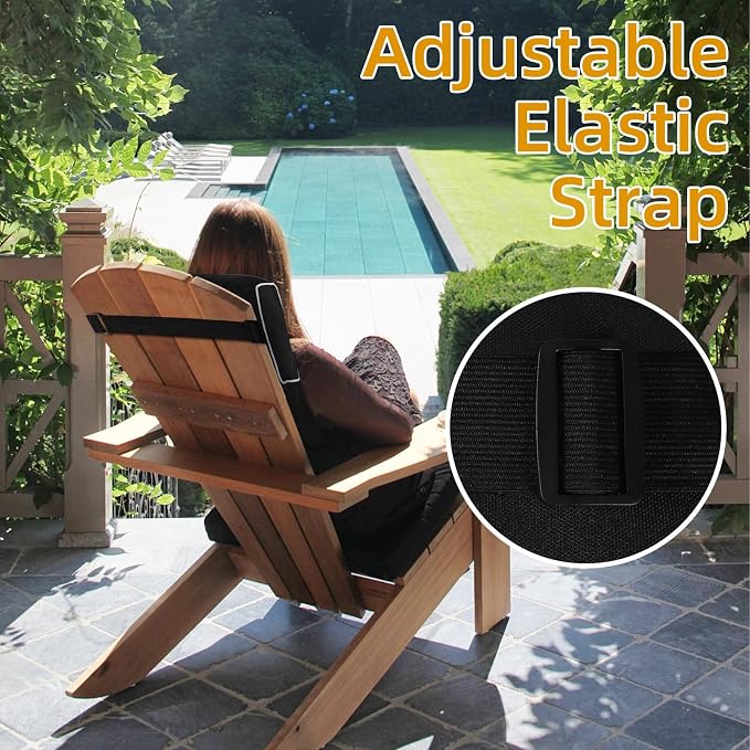 2 Pack Outdoor Chaise Lounge Head Pillow, Patio Pool Chair Pillows Water Resistant Headrest Pillow Lumbar Pillows with Insert and Adjustable Elastic Strap for Recliner Beach Chair, Black