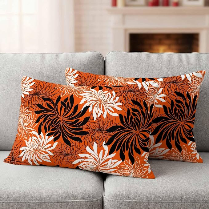 Yukro Orange Black Floral Outdoor Waterproof Pillow Covers Pack of 2, Vintage White Black Flower Orange Decorative Throw Pillowcases Cushion Covers for Garden Patio Tent Sofa Couch, 20x12 inch