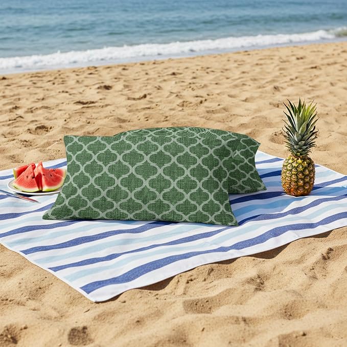 Dark Green Moroccan Outdoor Pillow Covers 20x12 Inch Lumbar Pillow Covers Set of 2 Waterproof Decorative Throw Pillow Cases Middle Century Quatrefoil Plaid Art Cushion Covers for Patio Furniture