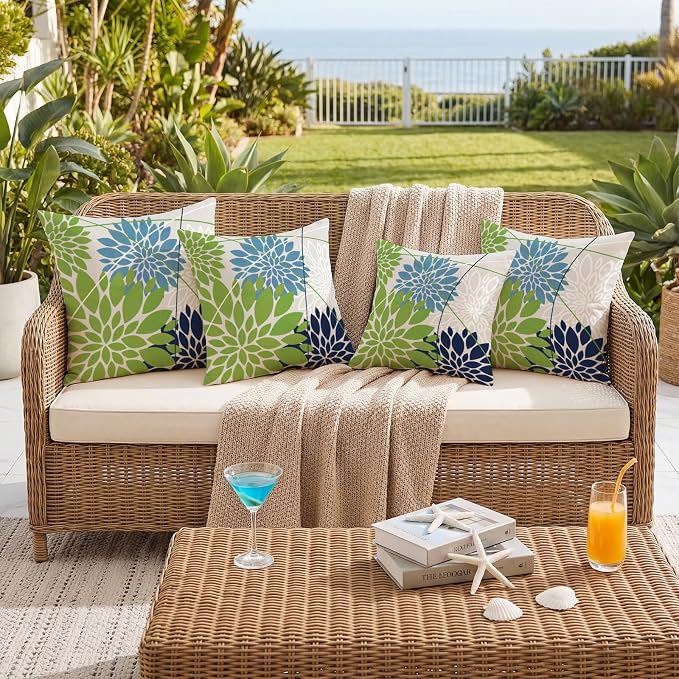 OTOSTAR Outdoor Green Blue Pillow Covers 20x20 Inch Set of 2 Dark Blue Flower Throw Pillows Farmhouse Geometric Dahlia Floral Square Cushion Case Waterproof Decor for Sofa Patio Funiture Garden