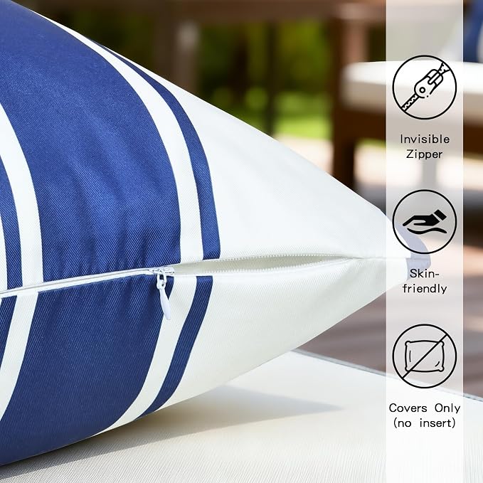 4 Pack Outdoor Waterproof Throw Pillow Covers 18x18 Inch | Striped Navy Blue Decorative Pillow Cover, Modern Outdoor Cushion Cases for Garden Patio Balcony Bench Couch Sofa