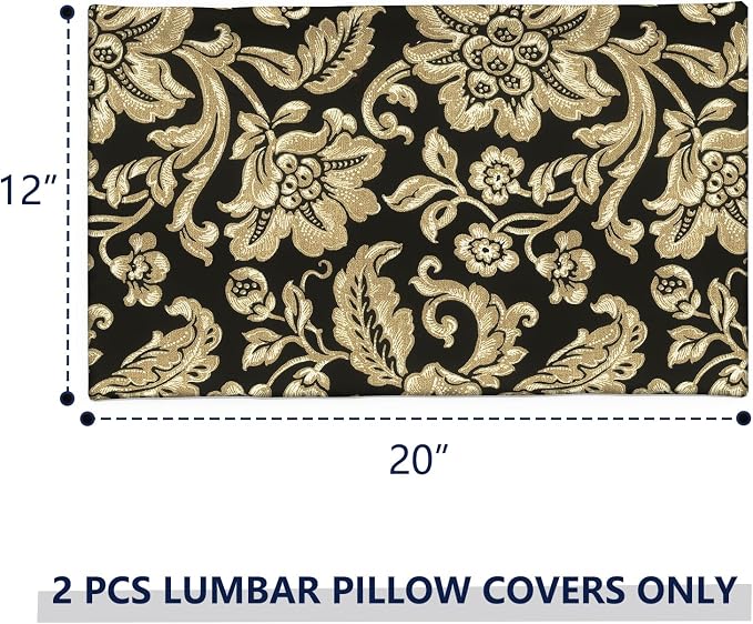 12x20 Inch Lumbae Pillow Covers, Rectangle Waterproof Throw Covers Set of 2, Decorative Patio Furniture Cushion Cases for Porch Garden, Jacobean Black